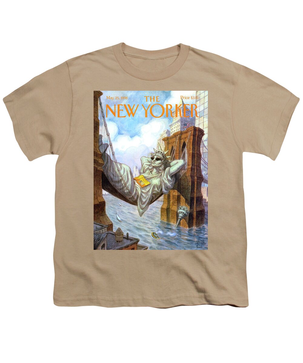 Liberty Youth T-Shirt featuring the painting Statue Of Liberty Lounges Between The Brooklyn by Peter de Seve