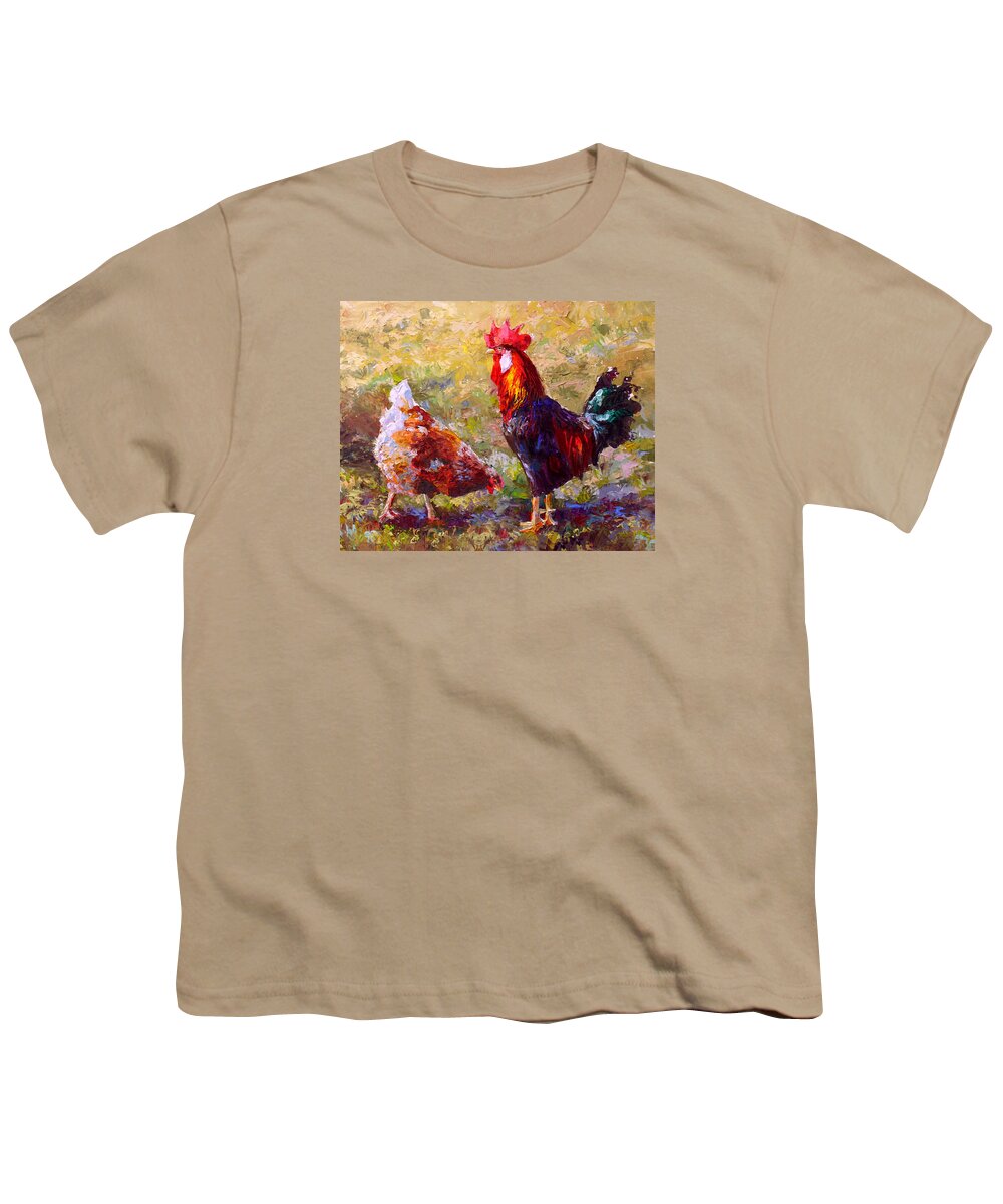 Chicken Youth T-Shirt featuring the painting Rooster and Hen Farm Art Chicken Painting by K Whitworth