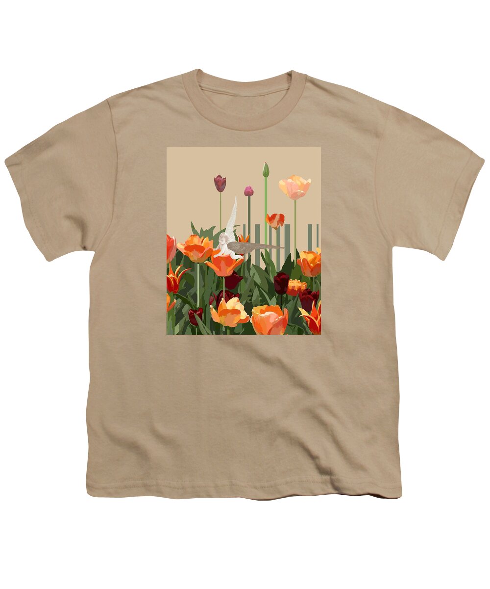Angel Youth T-Shirt featuring the digital art A little angel with tulips by Victoria Fomina