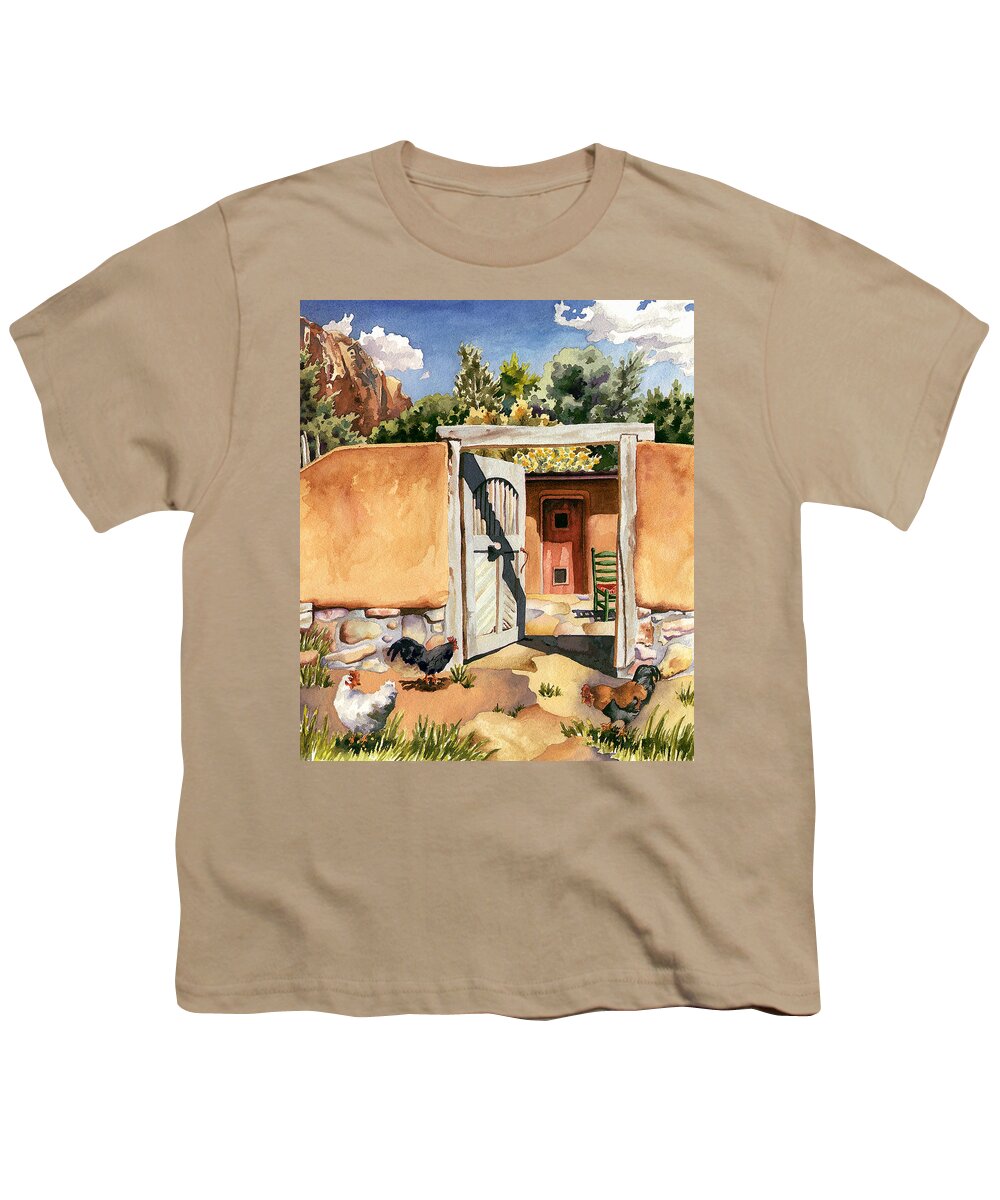 Hen Painting Youth T-Shirt featuring the painting Two Hens and a Rooster at Ghost Ranch by Anne Gifford