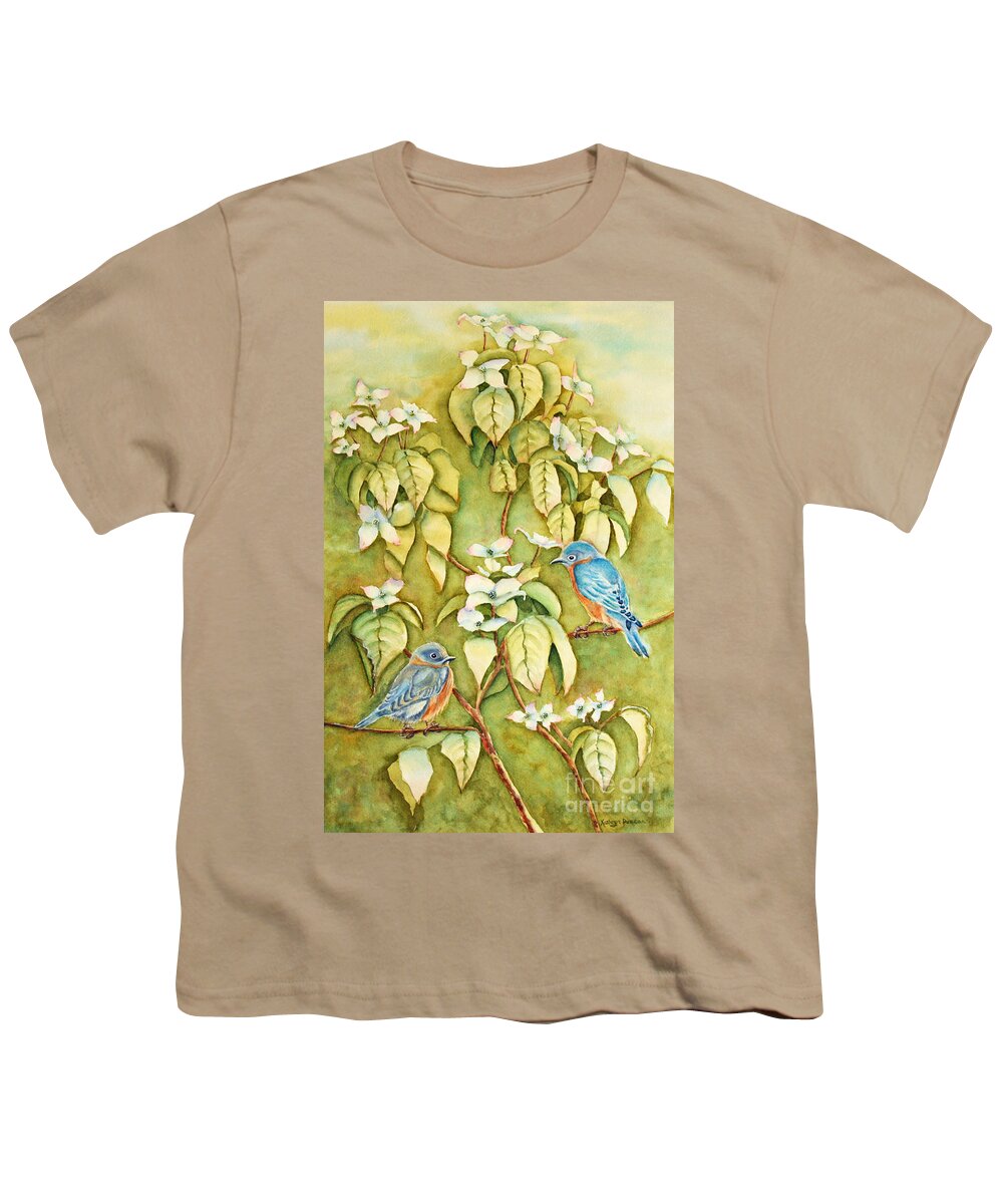 Bluebirds Youth T-Shirt featuring the painting Wild Blues In White Dogwood 2 by Kathryn Duncan