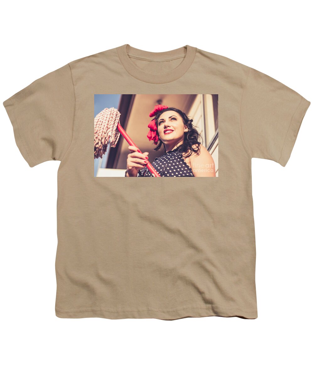 Pinup Youth T-Shirt featuring the photograph Young 50s brunette housewife holding red mop by Jorgo Photography