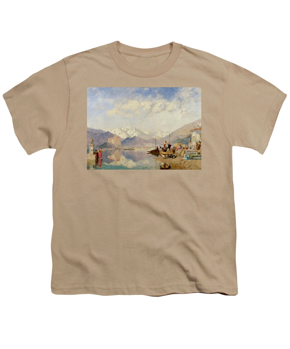 Lake; Italian Landscape; Alps; Alpine; Mountain Range; Mountainous; Reflection; Castle; Fort; Covered Boat; Mountains; Drinking; Water Fountain; Summer Youth T-Shirt featuring the painting Recollections of the Lago Maggiore Market Day at Pallanza by James Baker Pyne