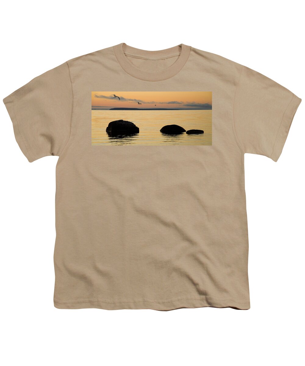 Sunrise Youth T-Shirt featuring the photograph Sunrise with Gulls at St. Ignace Michigan by Randall Nyhof