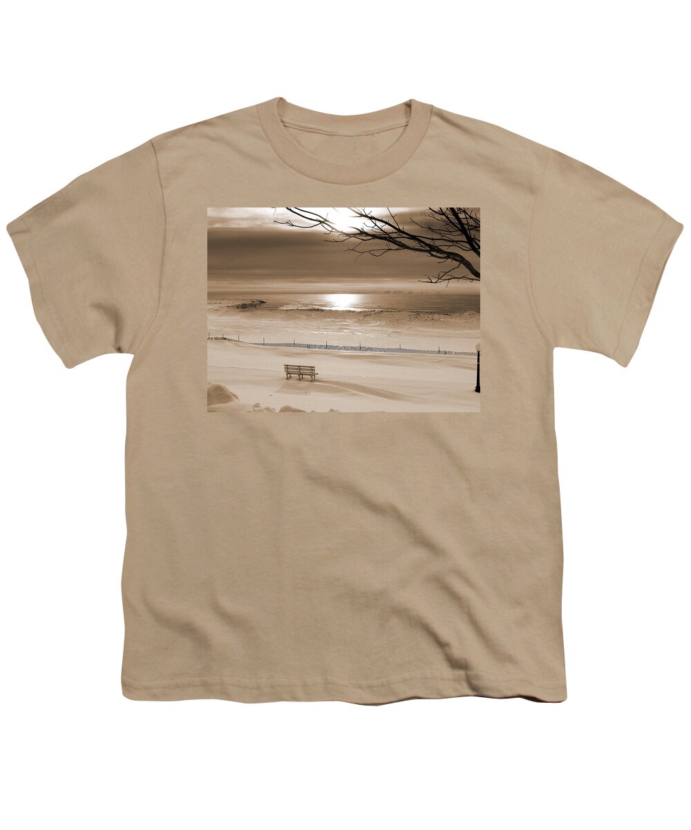 Algoma Youth T-Shirt featuring the photograph Winter Beach Morning sepia by Bill Pevlor