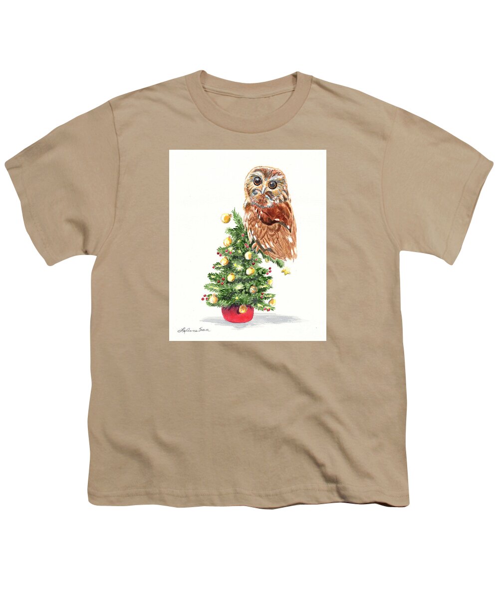 Christmas Youth T-Shirt featuring the painting Christmas Owl #1 by LeAnne Sowa