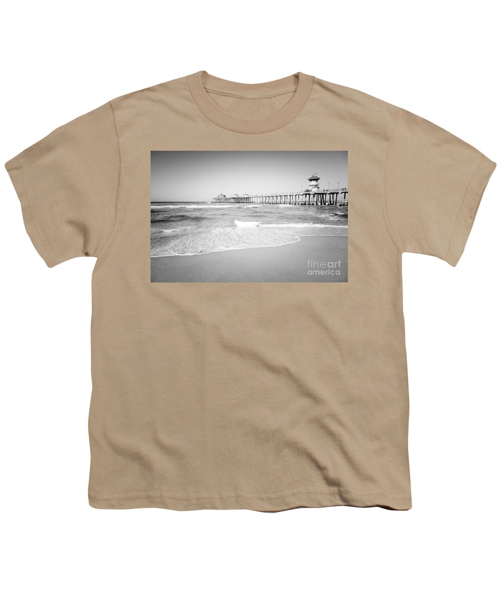 America Youth T-Shirt featuring the photograph Huntington Beach Pier Black and White Photo #2 by Paul Velgos