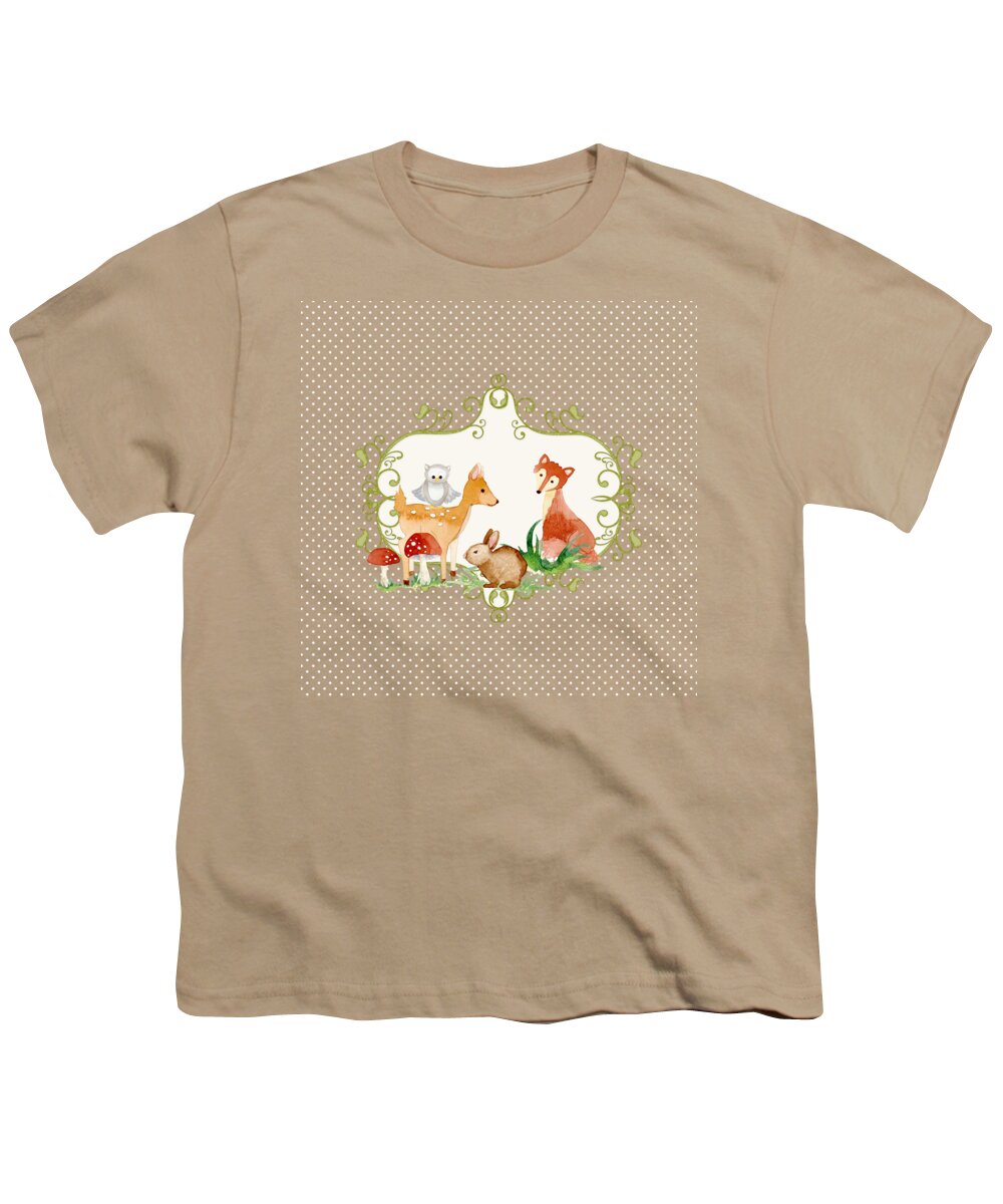 Woodland Youth T-Shirt featuring the painting Woodland Fairytale - Animals Deer Owl Fox Bunny N Mushrooms #1 by Audrey Jeanne Roberts