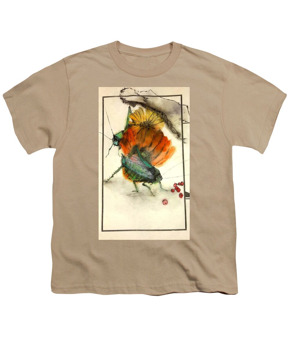 Insects. Cricket.flower. Youth T-Shirt featuring the painting Bugs and blooms album #2 by Debbi Saccomanno Chan