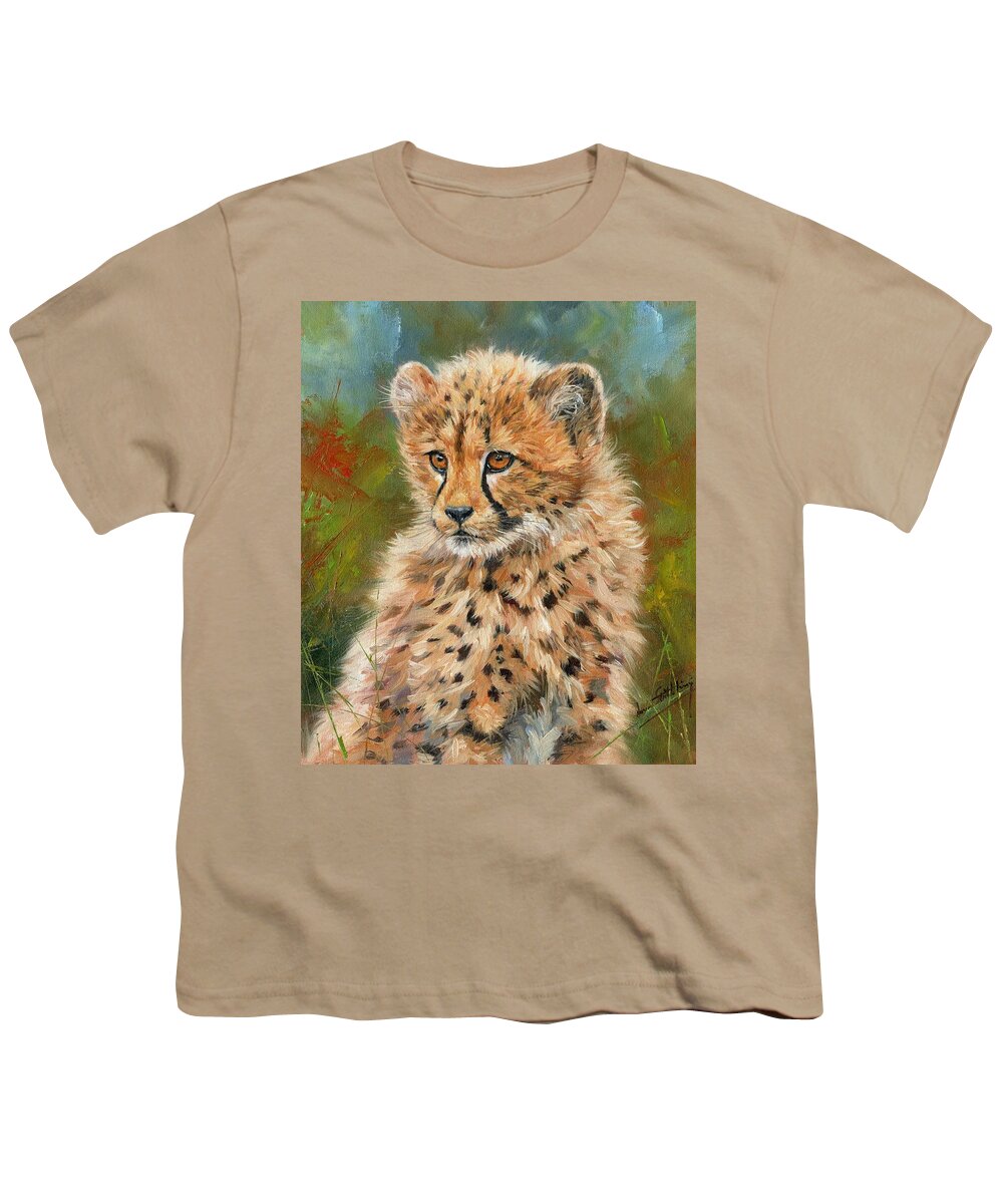 Cheetah Youth T-Shirt featuring the painting Cheetah Cub #4 by David Stribbling