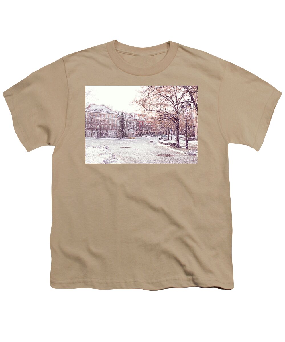 Architecture Youth T-Shirt featuring the photograph A street in Warsaw, Poland on a snowy day by Juli Scalzi