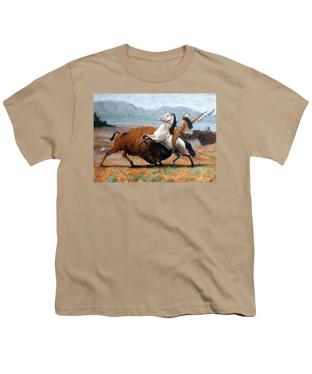 Buffalo Warrior Youth T-Shirt featuring the painting Buffalo Hunt by Tom Roderick