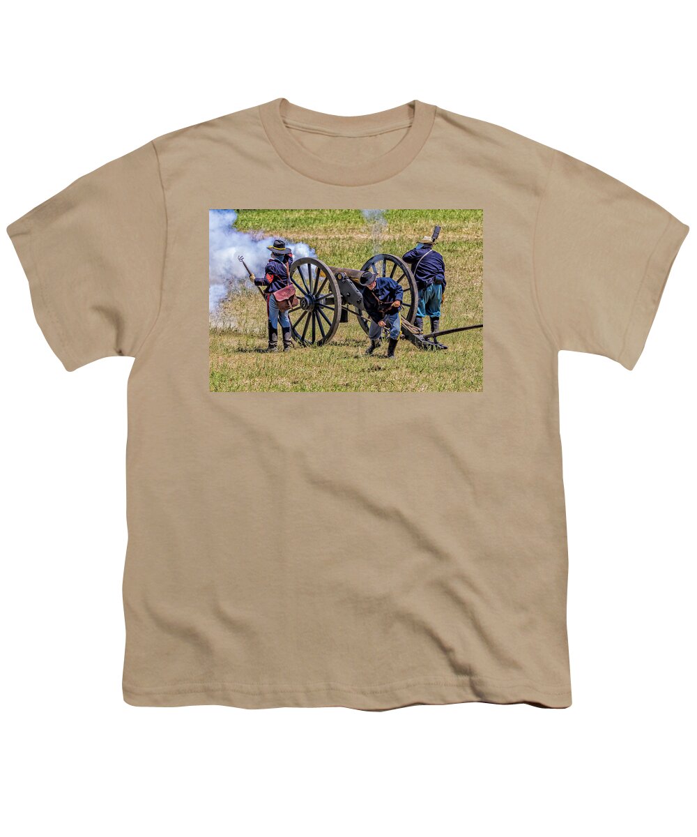 Little Bighorn Re-enactment Youth T-Shirt featuring the photograph Cannon Fired Across Little Bighorn River by Donald Pash
