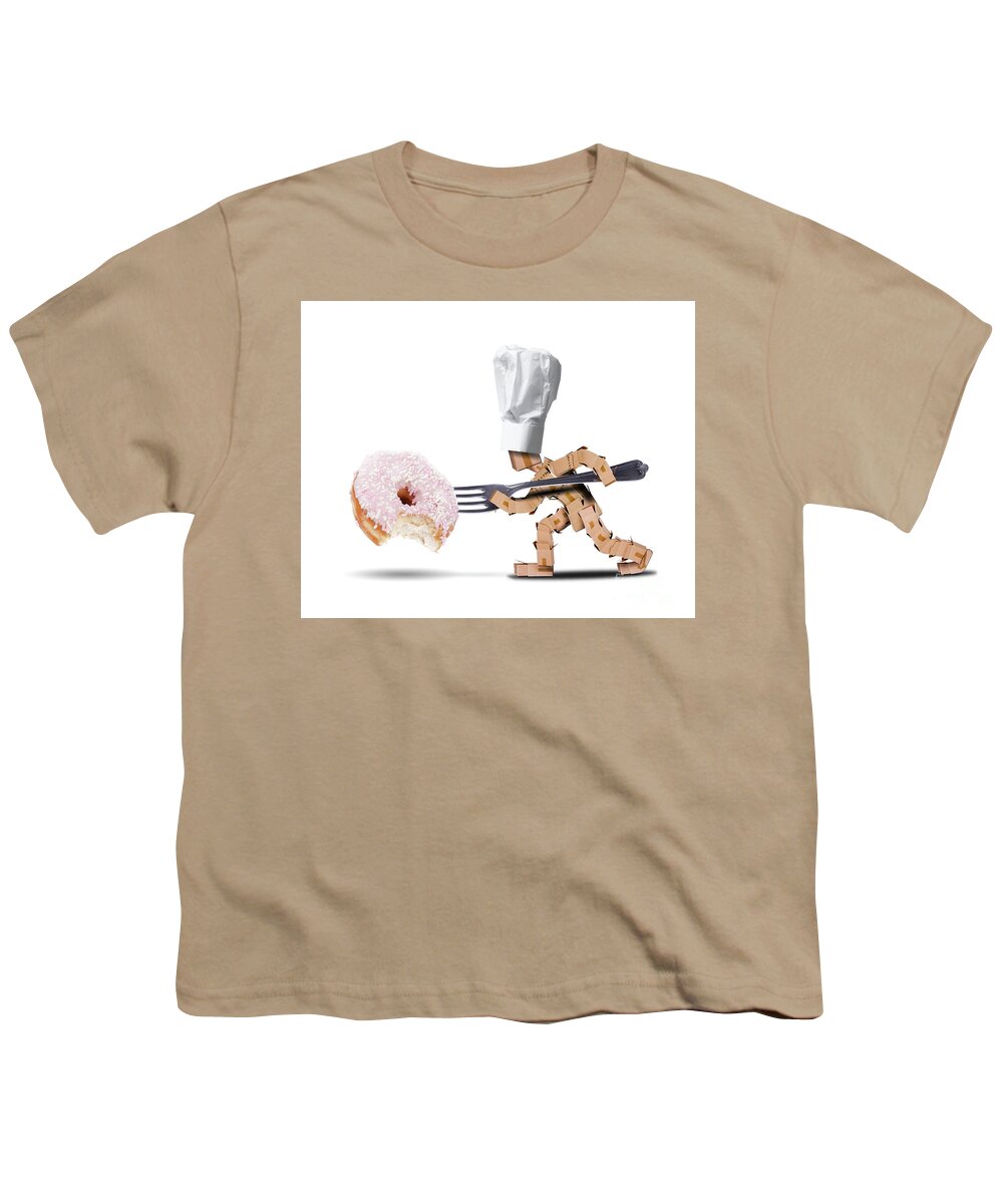 Kitchen Youth T-Shirt featuring the digital art Chef box character attacking a large donut by Simon Bratt