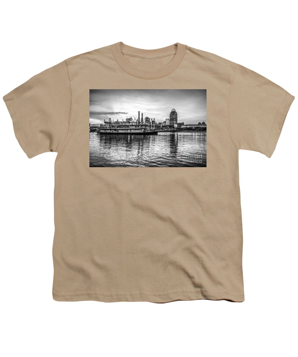 America Youth T-Shirt featuring the photograph Cincinnati Skyline and Riverboat in Black and White by Paul Velgos