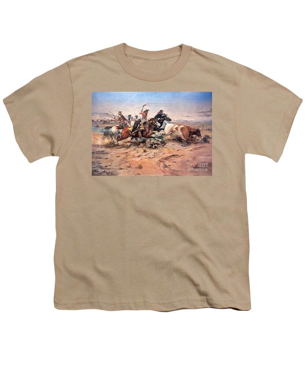 Cowboys Youth T-Shirt featuring the painting Cowboys roping a steer by Charles Marion Russell