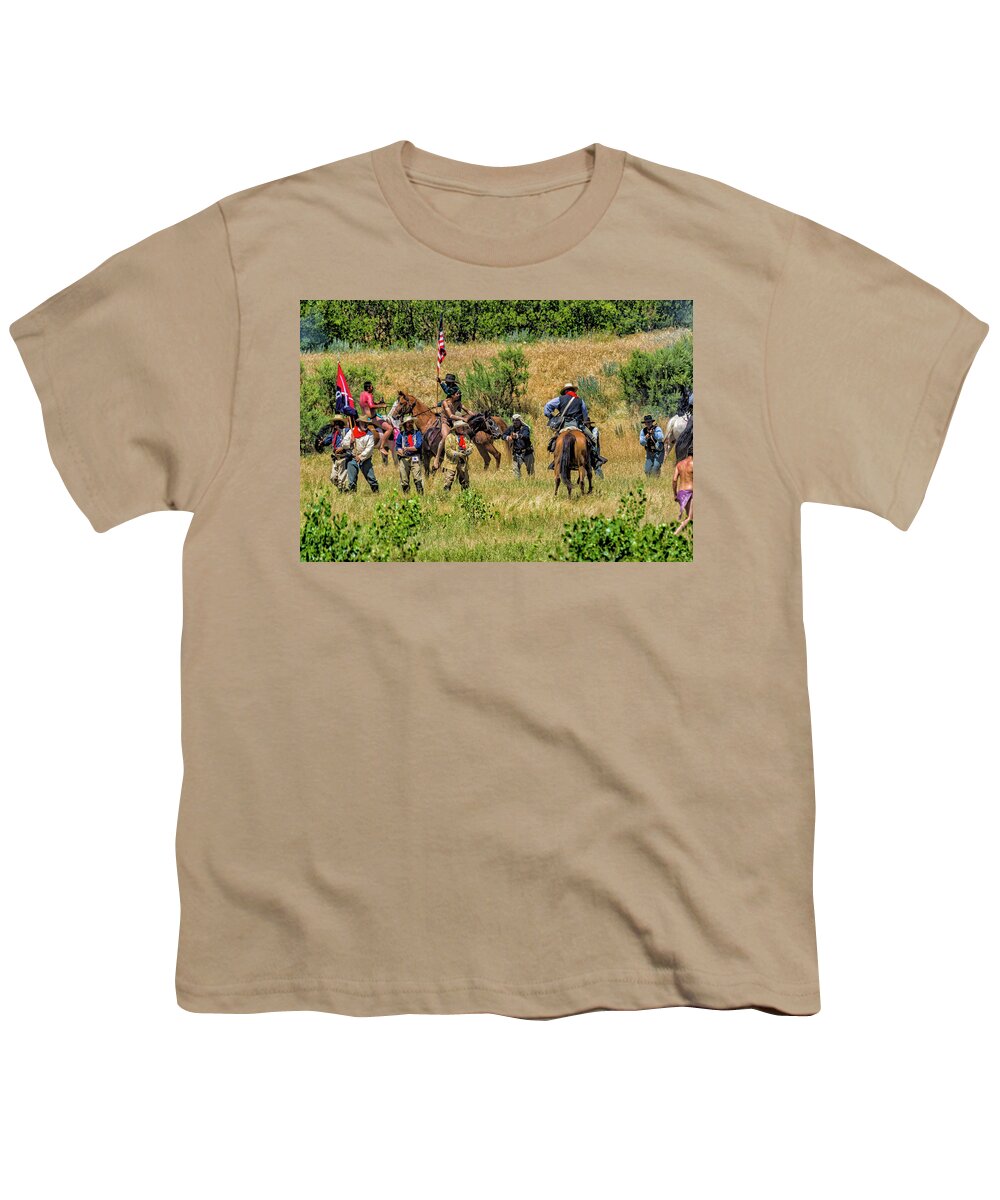 Little Bighorn Re-enactment Youth T-Shirt featuring the photograph Custer And His Troops Fighting The Indians 1 by Donald Pash