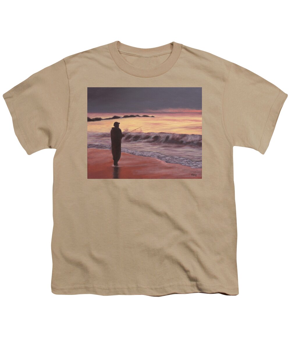 Fishing; Fisherman; Ocean; Sunrise; Sand; Serenity; Contemplation; Water Youth T-Shirt featuring the painting Early Morning Solace by Marg Wolf