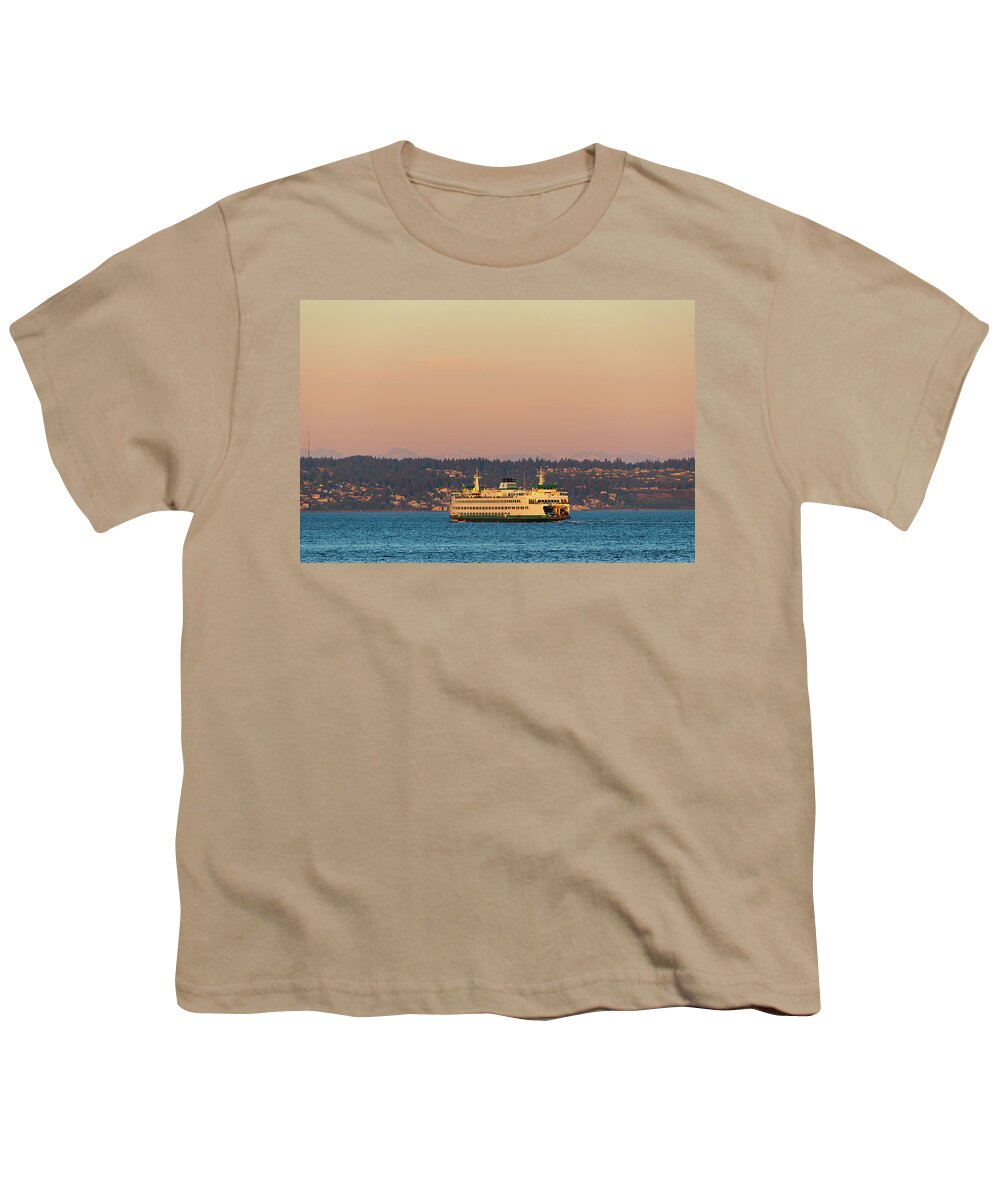 Ferry; Sunset; Edmonds; Kingston; Wsdot Youth T-Shirt featuring the digital art Ferry on the way to Edmonds, Washington by Michael Lee