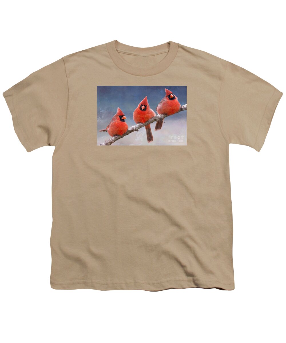 Northern Cardinals Youth T-Shirt featuring the photograph Fluffy Cardinal Trio by Bonnie Barry