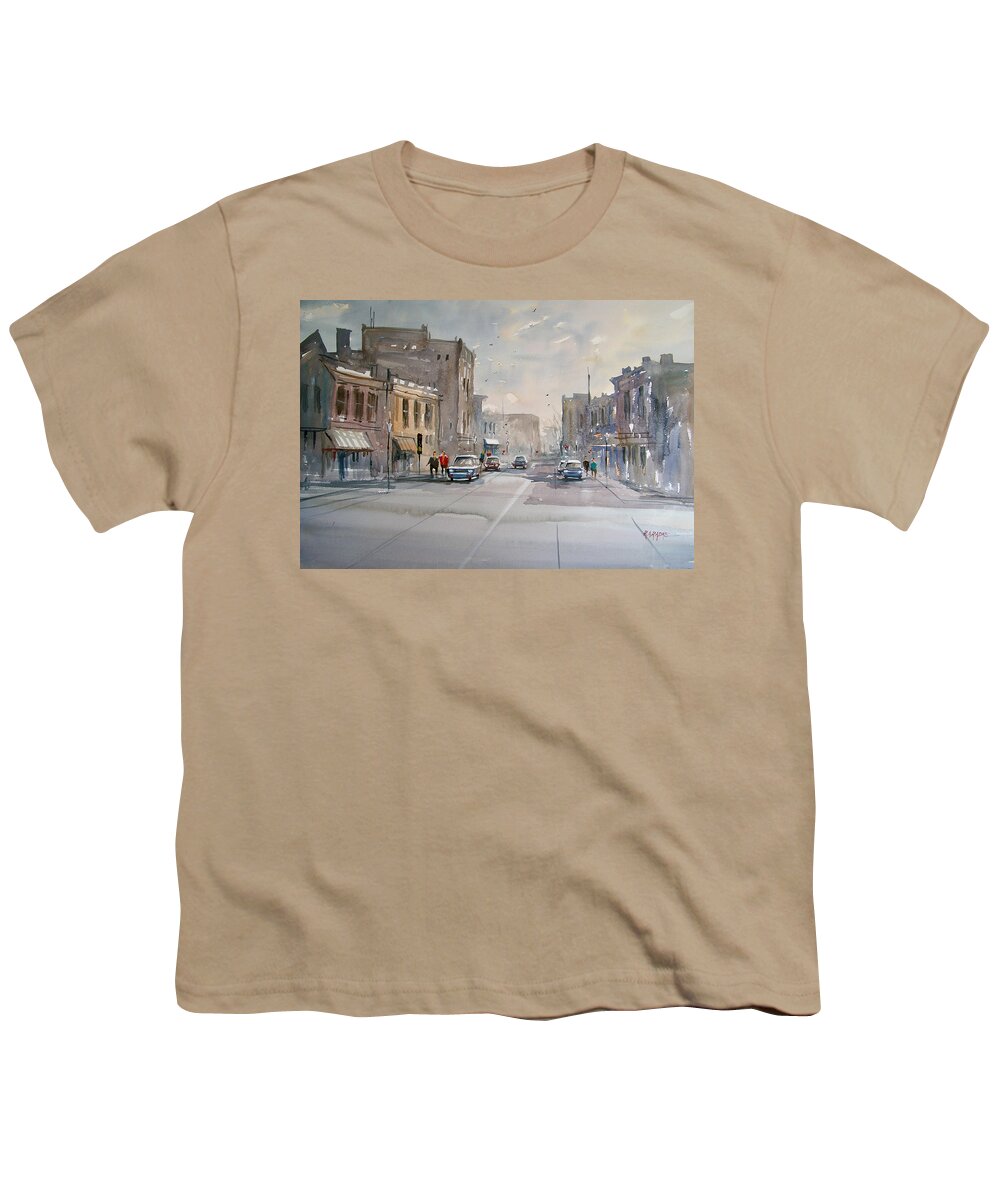 Watercolor Youth T-Shirt featuring the painting Fond du Lac - Main Street by Ryan Radke
