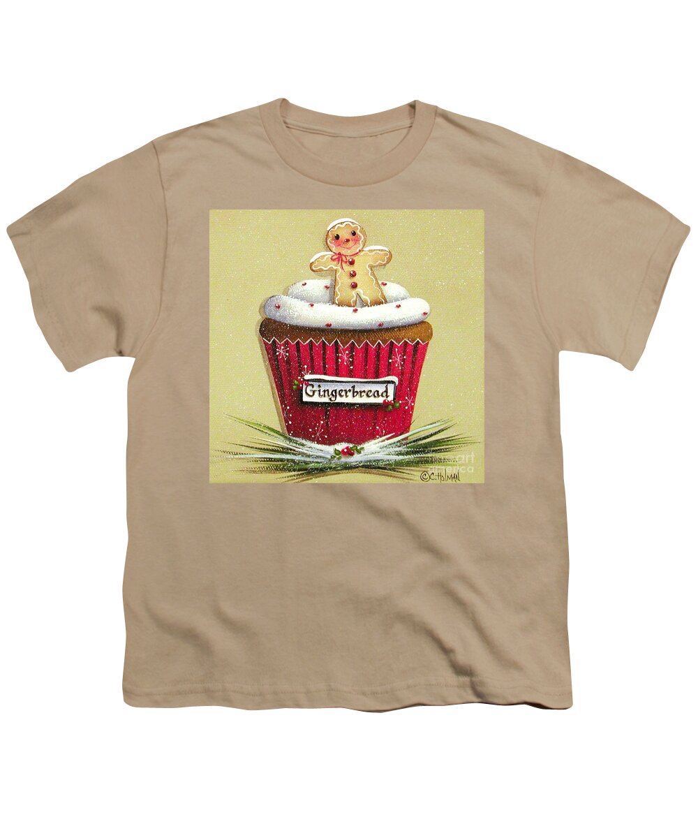 Art Youth T-Shirt featuring the painting Gingerbread Cookie Cupcake by Catherine Holman