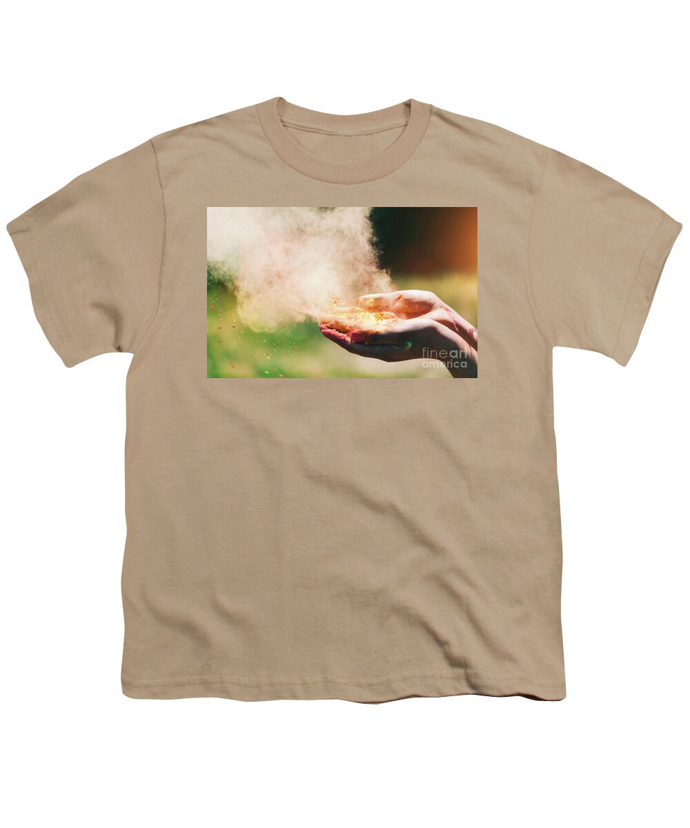 Hands Youth T-Shirt featuring the photograph Holi powder held in woman's hand and a cloud of dust by Michal Bednarek