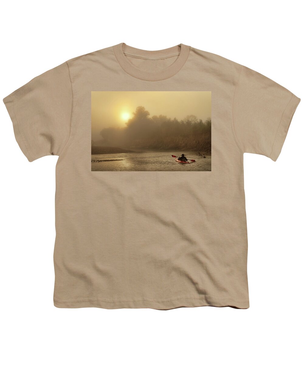 Fog Youth T-Shirt featuring the photograph Journey on the foggy river. by Robert Charity