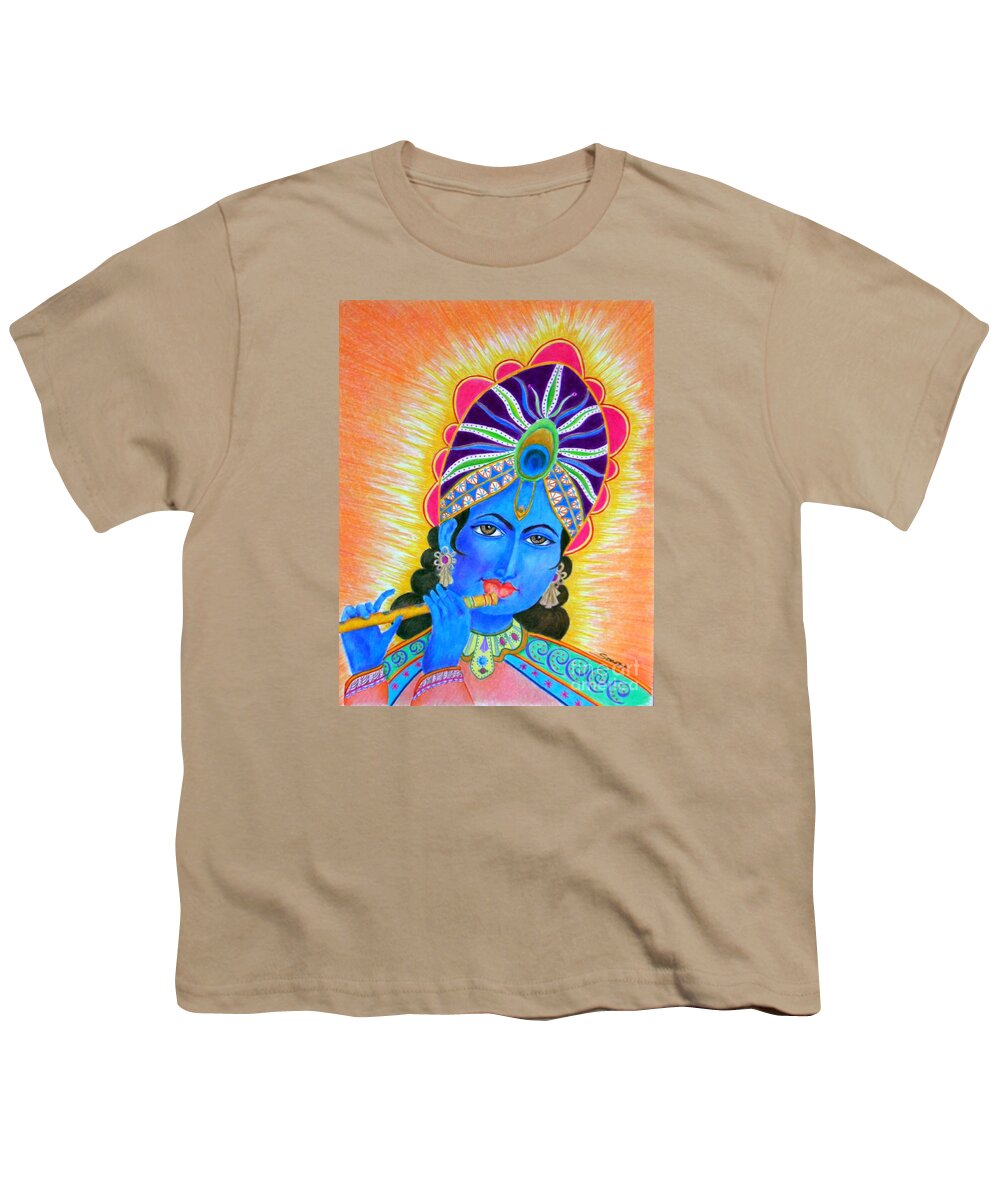 Krishna Youth T-Shirt featuring the drawing Krishna -- Colorful Portrait of Hindu God by Jayne Somogy