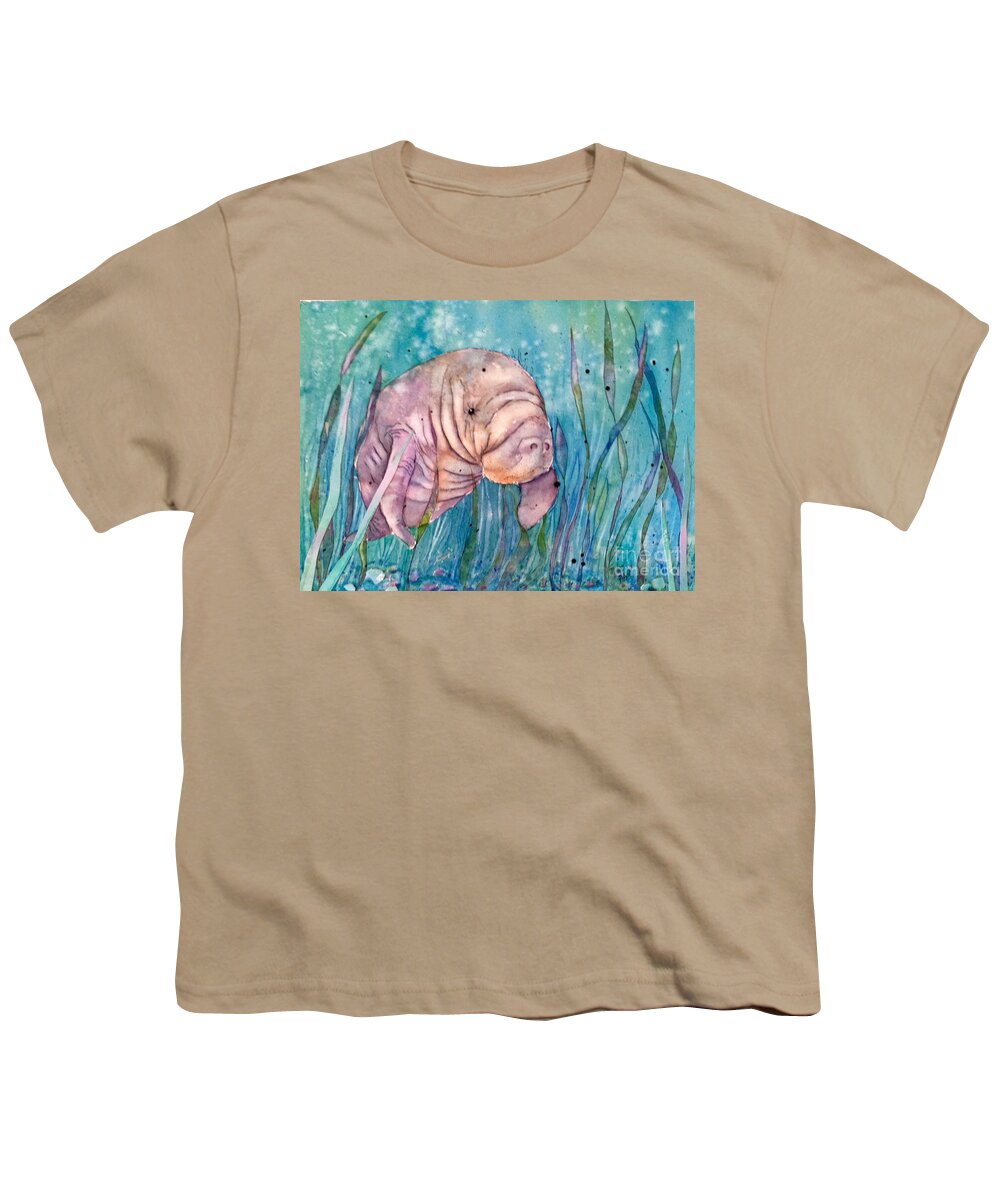 Manatee Youth T-Shirt featuring the painting Manatee in the sea grass by Midge Pippel