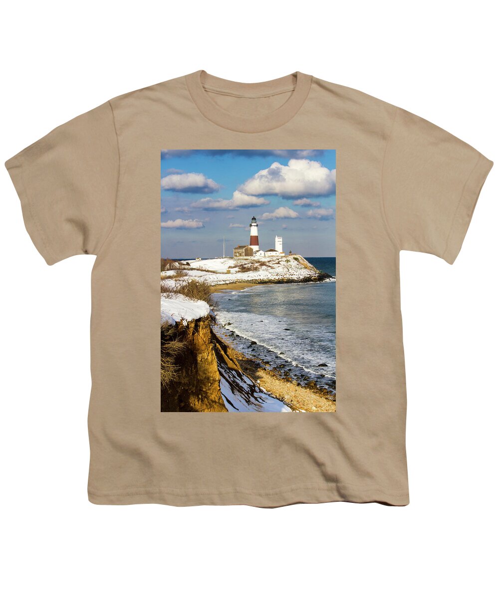 Montauk Youth T-Shirt featuring the photograph Montauk Lighthouse Winter Bluffs by Robert Seifert