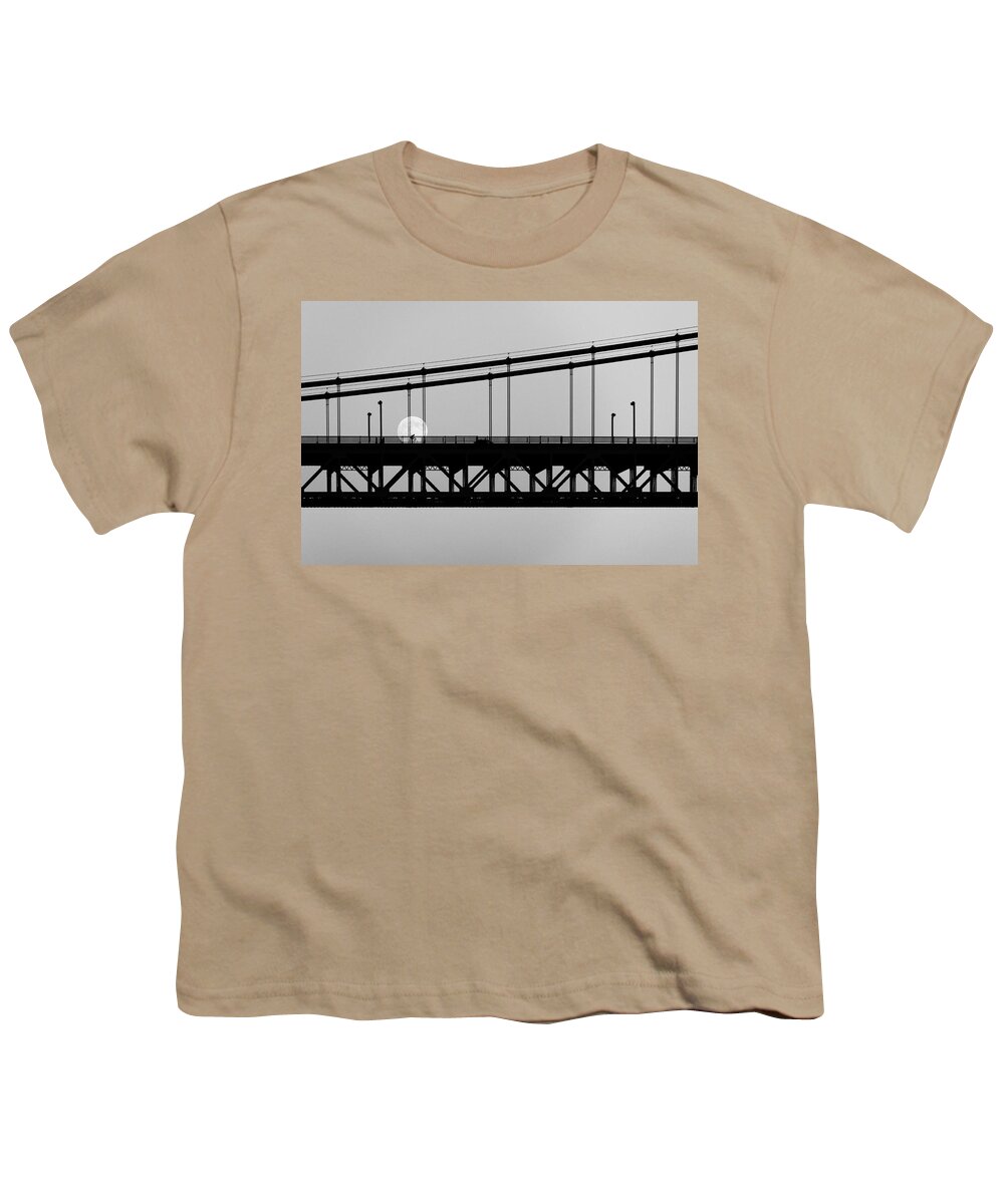 Industrial Art Youth T-Shirt featuring the photograph Moonlight Ride -- Bicyclist on the Golden Gate Bridge in San Francisco, California by Darin Volpe