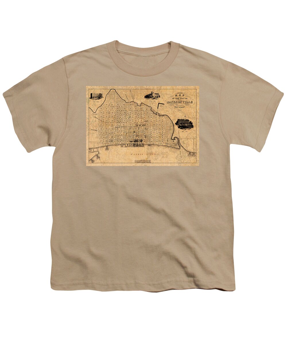 Old Youth T-Shirt featuring the mixed media Old Vintage Map of Jacksonville Florida Circa 1859 on Worn Distressed Parchment by Design Turnpike