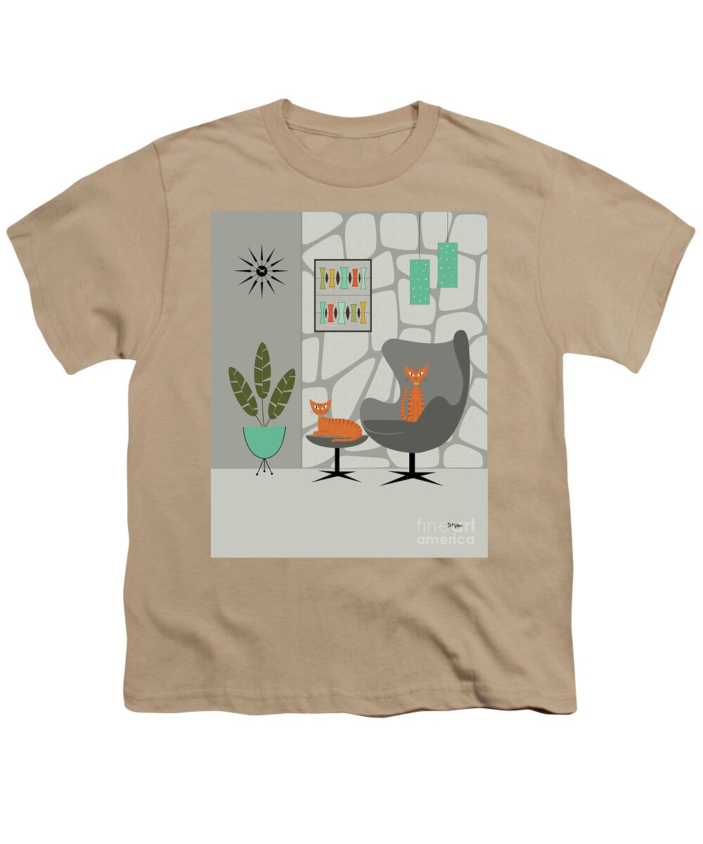 Mid Century Modern Youth T-Shirt featuring the digital art Orange Cat in Gray Stone Wall by Donna Mibus