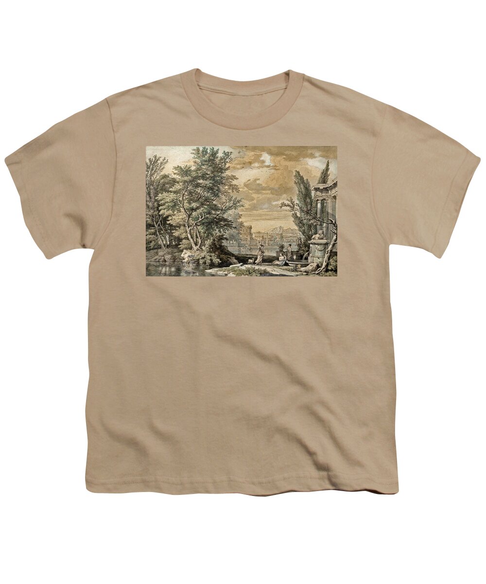 Isaac De Moucheron Youth T-Shirt featuring the painting Pair of architectural cappricci in an Italian landscape by Isaac de Moucheron