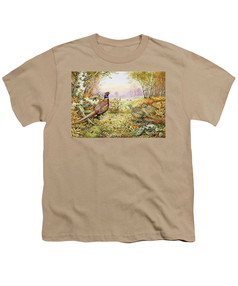 Fungus; Game Bird; Bracken; Rabbits; Pheasant; Pheasants; Tree; Trees; Grass; Leafs; Animals Youth T-Shirt featuring the painting Pheasants in Woodland by Carl Donner