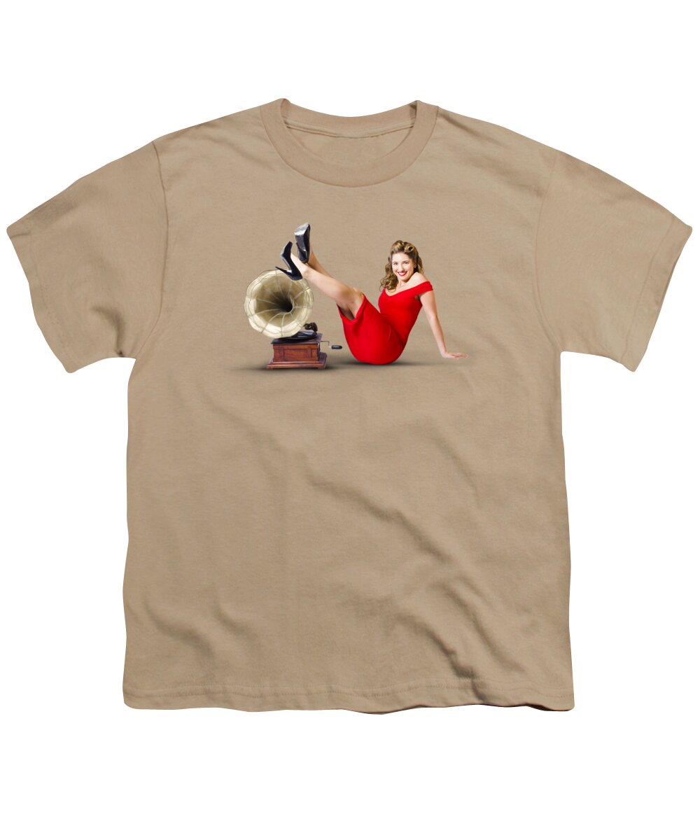 Woman Youth T-Shirt featuring the photograph Pinup girl in red dress playing classical music by Jorgo Photography