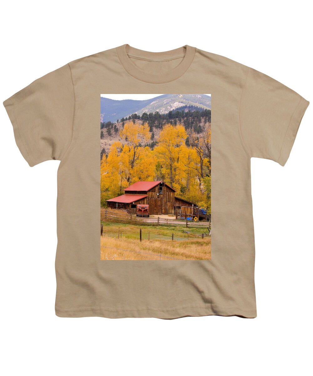 Rustic Youth T-Shirt featuring the photograph Rocky Mountain Barn Autumn View by James BO Insogna