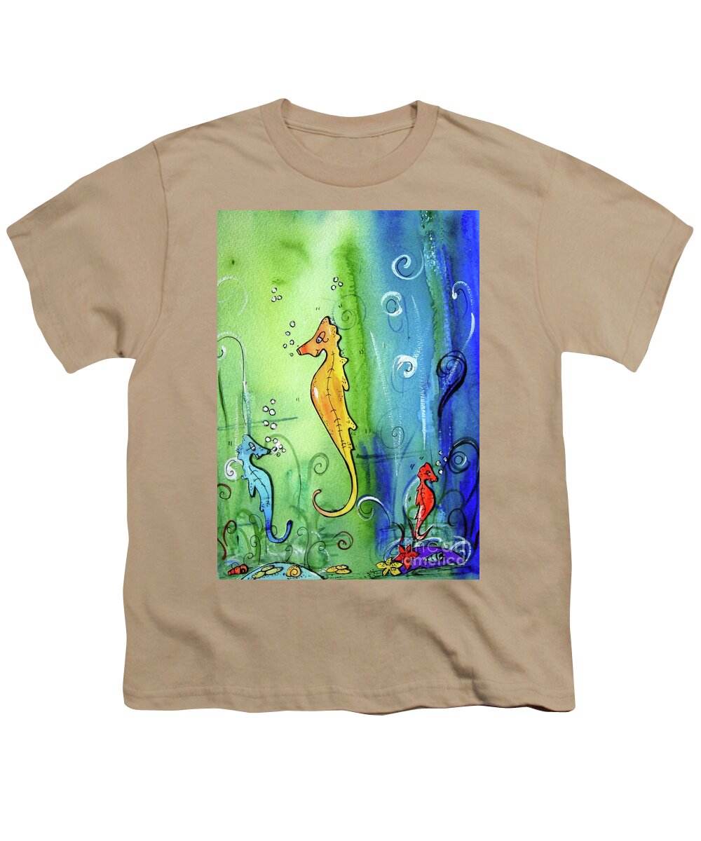 Seahorse Youth T-Shirt featuring the painting Seahorse family by Mary Cahalan Lee - aka PIXI