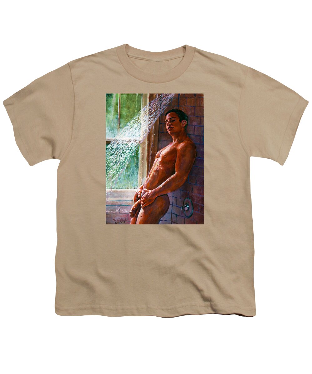 Male Nude Youth T-Shirt featuring the painting Shower Seduction by Marc DeBauch