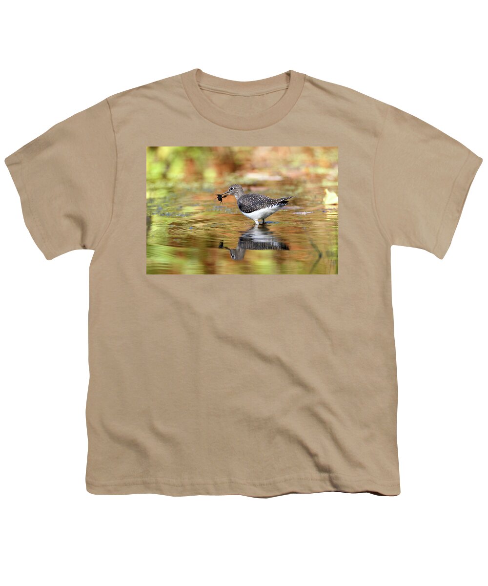 Solitary Sandpiper Youth T-Shirt featuring the photograph Solitary Sandpiper with a Belostomatidae by Brook Burling