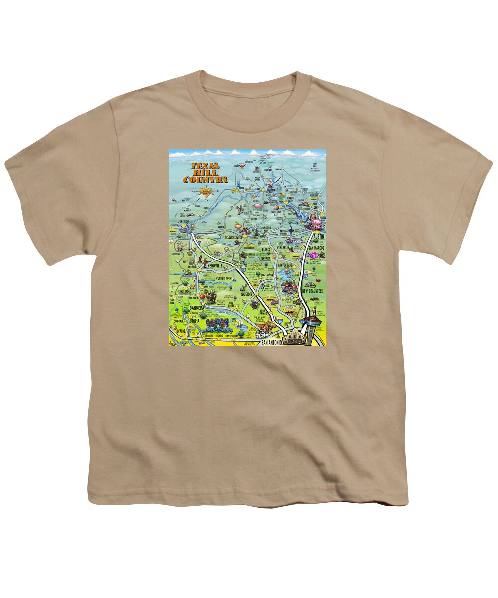 Texas Hill Country Cartoon Map Youth T-Shirt featuring the digital art Texas Hill Country Cartoon Map by Kevin Middleton