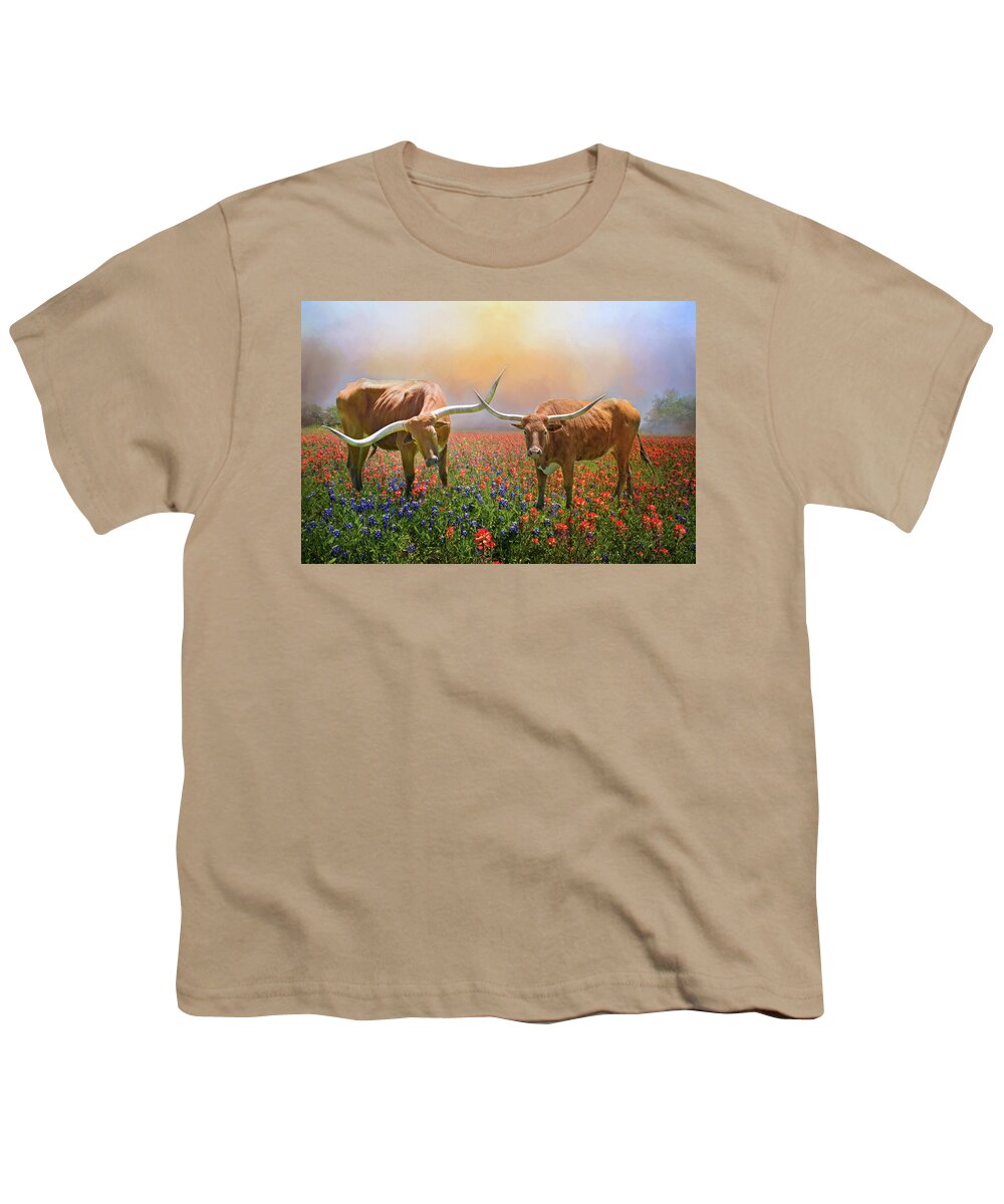 Texas Longhorns Youth T-Shirt featuring the photograph Texas Longhorns in Spring Wildflowers by Lynn Bauer