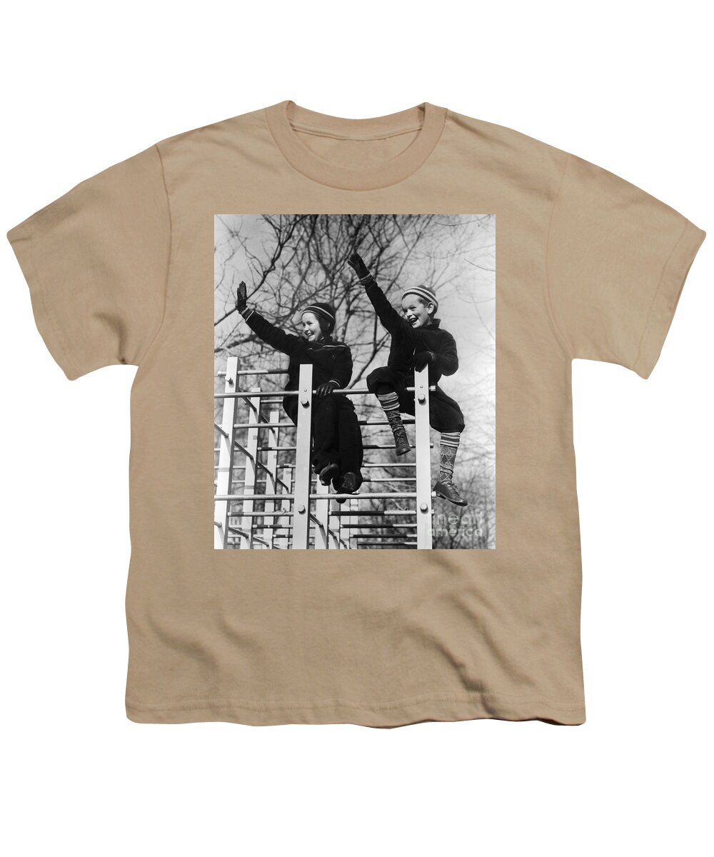 1930s Youth T-Shirt featuring the photograph Two Children Waving From Play by H. Armstrong Roberts/ClassicStock