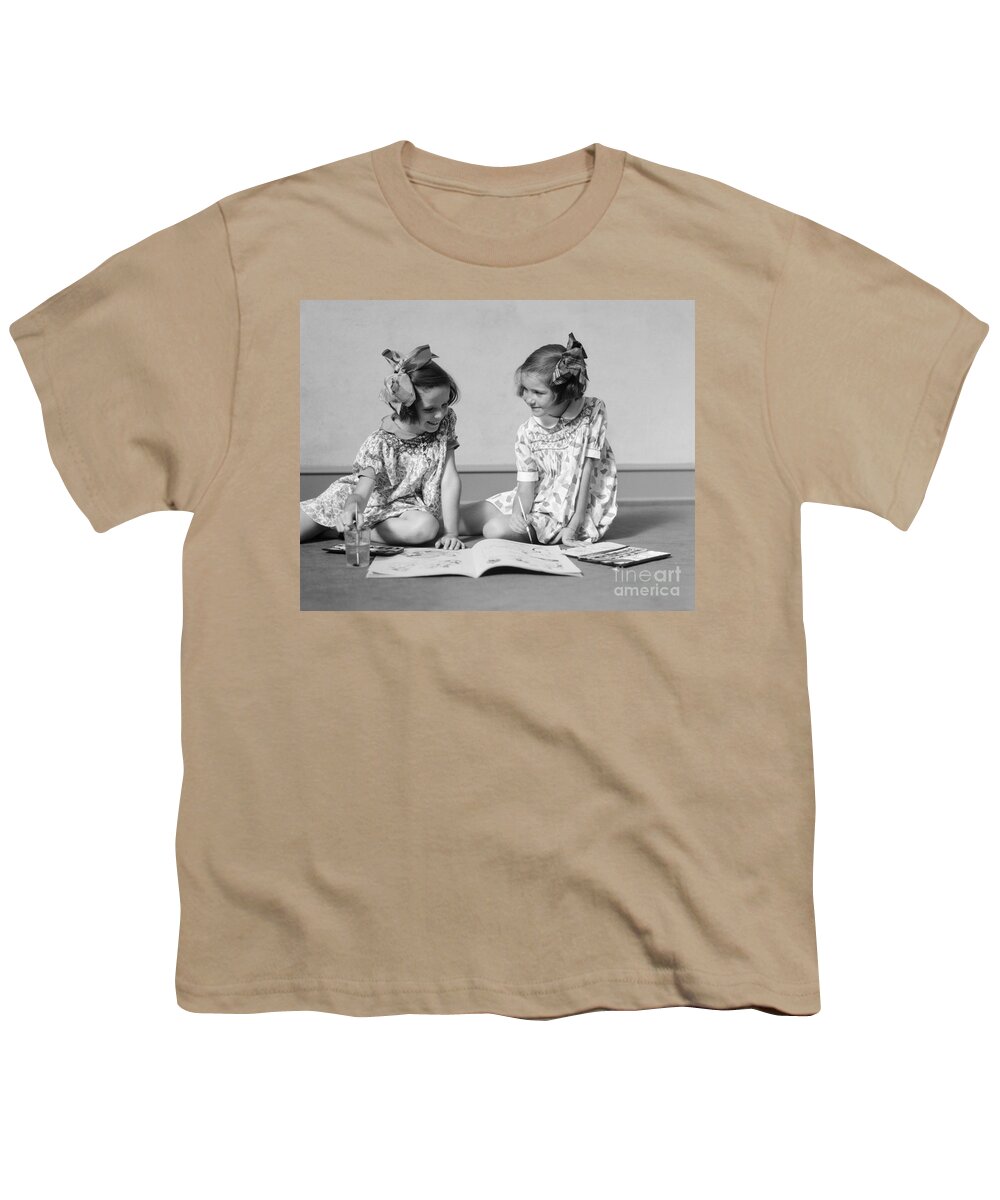 1930s Youth T-Shirt featuring the photograph Two Girls Painting In Book by H. Armstrong Roberts/ClassicStock