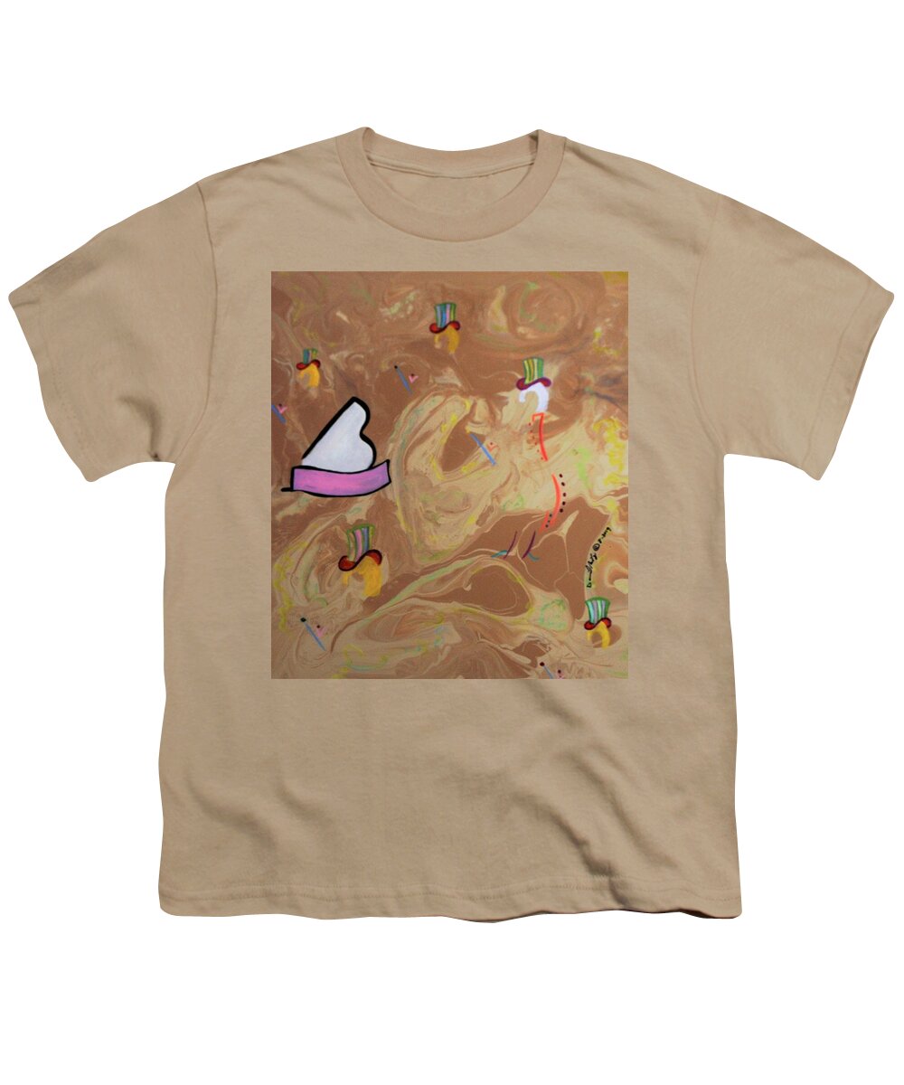 A Chorus-line Top Hats Music Dancing Piano Dancers Patterns Brown Background Green White Yellow Blonde Pink Batons Black Youth T-Shirt featuring the painting A Chorus Line #1 by David MINTZ