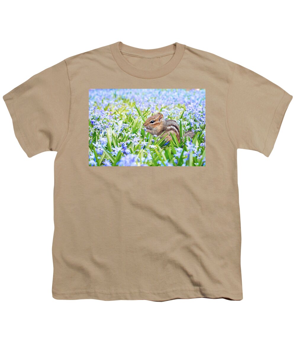 Chipmunk Youth T-Shirt featuring the photograph Chipmunk on flowers by Top Wallpapers