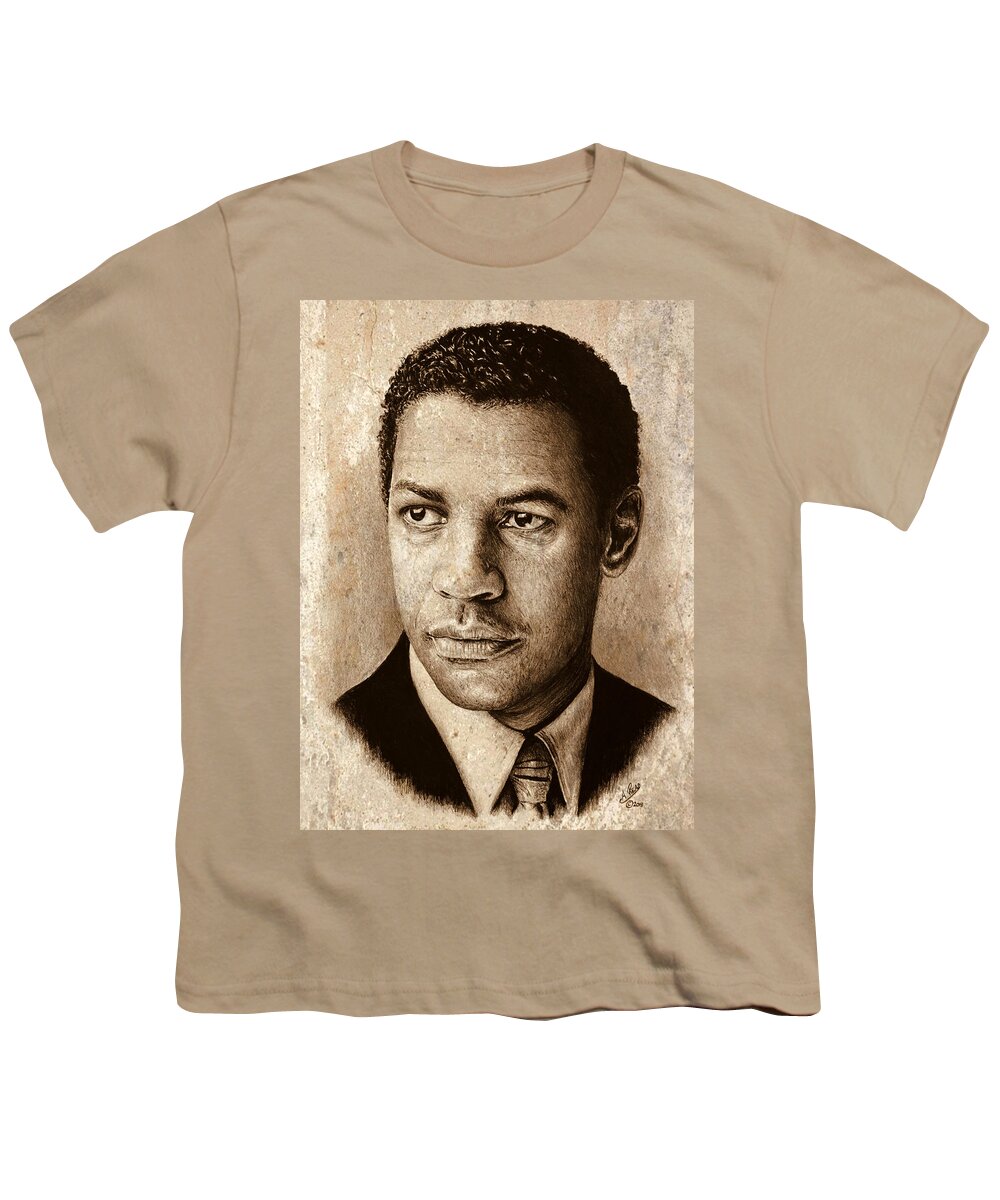 Denzel Washington Youth T-Shirt featuring the drawing Denzel Washington sepia by Andrew Read