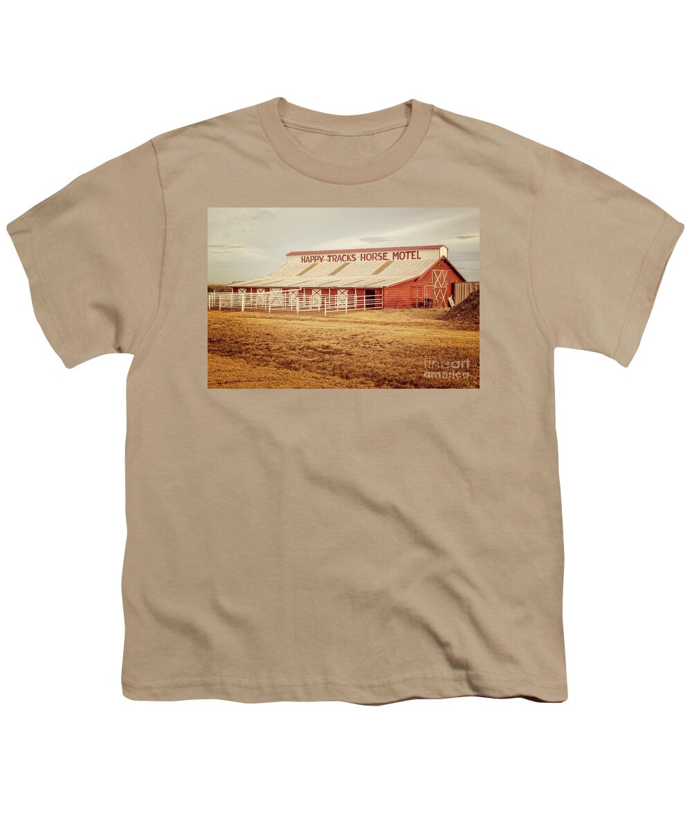 Happy Tracks Horse Motel Youth T-Shirt featuring the photograph Happy Tracks Horse Motel by Imagery by Charly