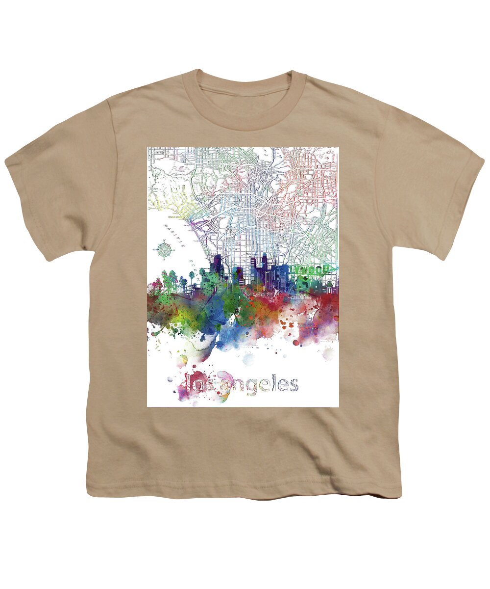 Los Angeles Youth T-Shirt featuring the digital art Los Angeles Skyline Map Watercolor 3 by Bekim M
